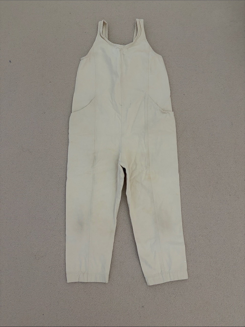 ES Natural Canvas Clyde Jumpsuit, "distressed" condition, sz S-T (hemmed?)